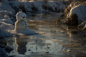 The poignant moment of a melting snowman, emphasizing the transient nature of snow and the fleeting moments of winter - Generative AI