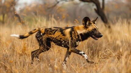 Capturing the action, an African wild dog runs through the grasslands-an image full of movement and life