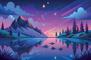 A beautiful mountain landscape with a lake and a starry sky