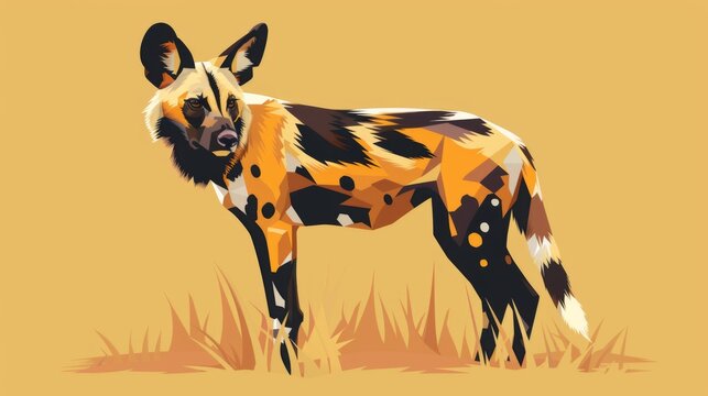 This digital art captures a sleek African Wild Dog standing in a minimalist style with warm tones, conveying elegance and simplicity in its design