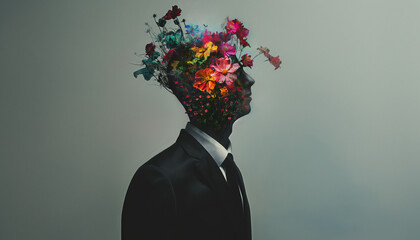 A Generative AI of male in black suit with face covered in bouquet of colorful flowers against gray background