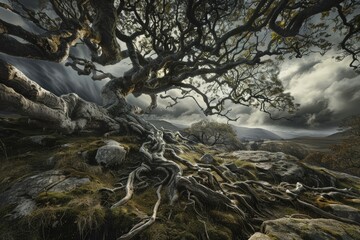 A painting showcasing a tree standing tall on a rocky hillside, surrounded by the rugged terrain