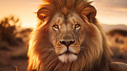 Lion staring at the sunset in the middle of the savanna