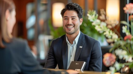 Hotel manager welcoming international guests at the reception desk with a warm smile.