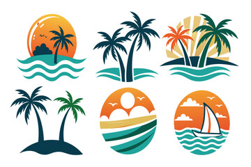 Fototapeta na wymiar A set of tropical-themed icons, including palm trees, boats, and sunsets