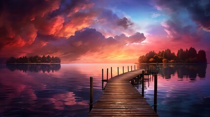 A wooden dock juts out into a lake. The sky is ablaze with color, and the water reflects the...