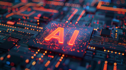 3D rendering of glowing "AI" icon on futuristic circuit board