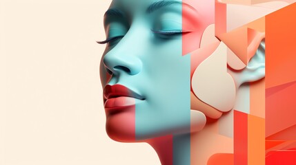 Create a 3D rendering of a woman's face with a blue and pink color scheme