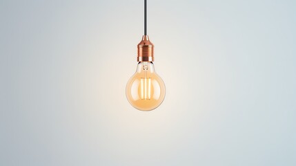 A single incandescent light bulb hangs from a cord against a pale gray background.