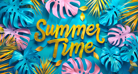 Summer time text with tropical leaf,leaves in bright colorful neon party style background.