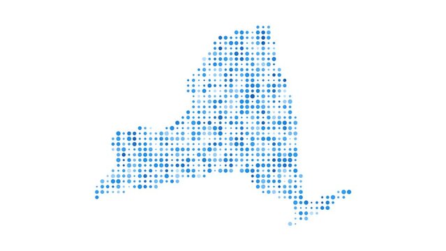 New York dotted digital map. Map of New York with pulsating colored circles. Shape of the US state filled with blue disks. Appealing video.
