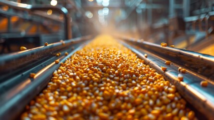 Industrial conveyor belt transporting corn for processing and packaging, focusing on movement and machinery. - obrazy, fototapety, plakaty
