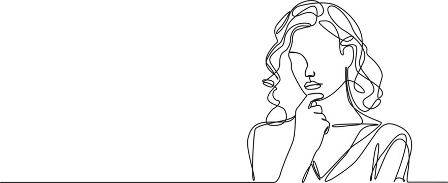 recommend clip art: continuous single line drawing of woman in skeptical post, hand on chin, line art vector illustration