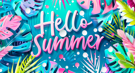 Fototapeta premium Hello Summer text with tropical leaf,leaves in bright colorful pastel style background.cheerful and celebrate concepts ideas