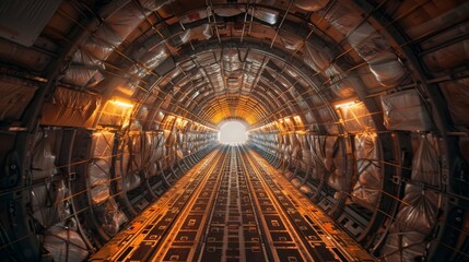 Inside view of a cargo airplane's hold filled with commercial goods secured for international delivery.