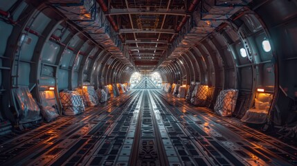 Obraz premium Inside view of a cargo airplane's hold filled with commercial goods secured for international delivery.