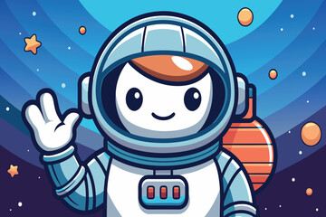 A cartoon astronaut is waving to the camera