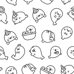 Cute kawaii baby seals. Seamless pattern. Coloring Page. Funny cartoon characters arctic and antarctic animals. Hand drawn style. Vector drawing. Design ornaments.