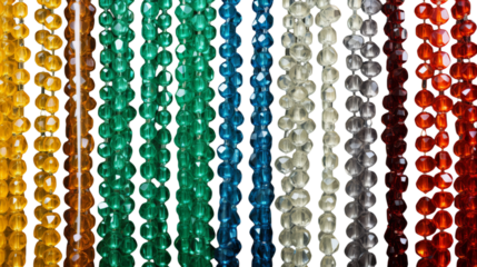Assorted colored beads dangle elegantly on a vertical surface on transparent background
