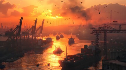 Global Trade Hub in Vibrant Sunset An Industrial Shipping Port in Full Swing Generative ai