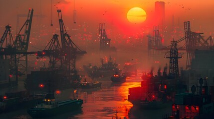 Industrial Port in Glowing Twilight A Dynamic Tableau of Cargo Ships and Cranes Generative ai