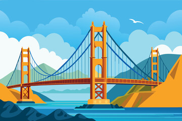 Fototapeta premium A bridge spans a body of water with mountains in the background
