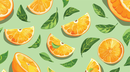 Pieces of fresh oranges with green leaves on green