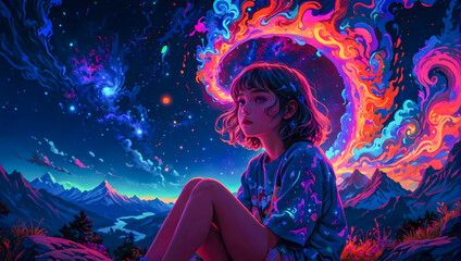 Illustration of a young girl sitting on a mountain watching the beautiful psychedelic multicolored sky in anime style