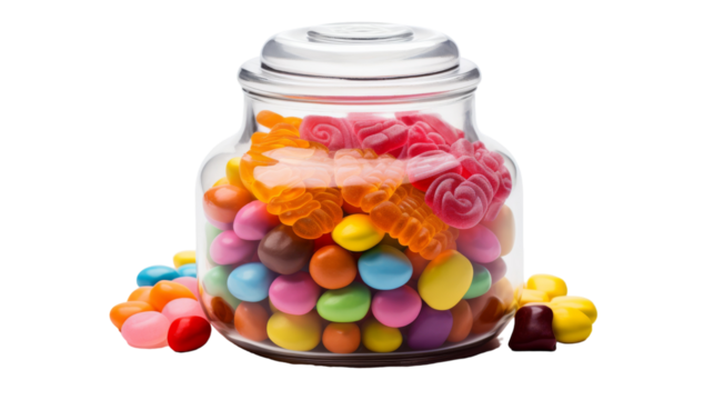 A colorful assortment of candies fills a glass jar, creating a vibrant and enticing display on transparent background