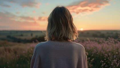 A woman with  blonde  short hair wearing a light pink sweater standing in a field at sunset, the view from behind