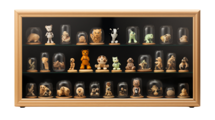 A display case overflowing with a diverse collection of tiny figurines on transparent background