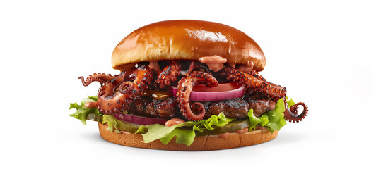 An octopus burger against a white background