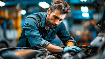 Portrait of a mechanic working on a car in an auto repair shop. A worker is rebuilding an engine over an open hood. Concept of work, automotive industry.