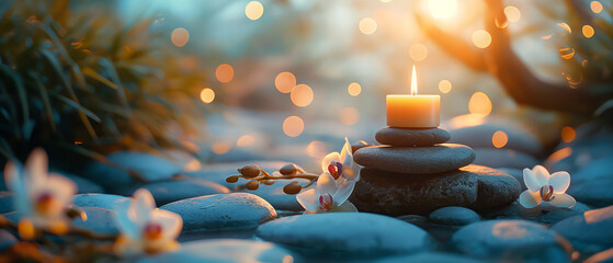 Plakat banner , spa, meditation,health,onsen,A stack of zen stones with candle on the table in the garden over the sea of cloud