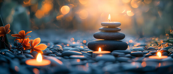 Obraz na płótnie Canvas banner , spa, meditation,health,onsen,A stack of zen stones with candle on the table in the garden over the sea of cloud
