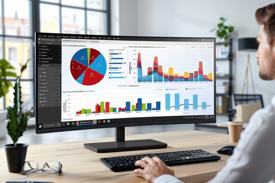 big widescreen monitor with charts and management dashboard in front of office desk professional photography