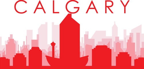 Red panoramic city skyline poster with reddish misty transparent background buildings of CALGARY, CANADA