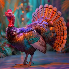 Captivating Courtship Dance of a Vibrant Turkey against a Pastel Backdrop of Allure
