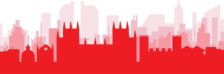 Red panoramic city skyline poster with reddish misty transparent background buildings of CANTERBURY, UNITED KINGDOM