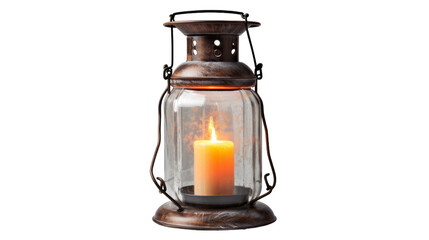 An antique lantern emits a warm, flickering light from a glowing candle inside on transparent background