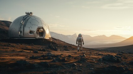 Astronaut exploring an exoplanet. Sci-fi colonist in spacesuit walks on the surface of another planet. People in space. The concept of galactic travel and science. - Powered by Adobe