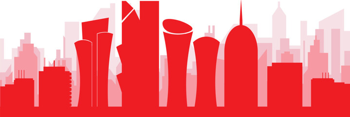 Red panoramic city skyline poster with reddish misty transparent background buildings of DOHA, QATAR