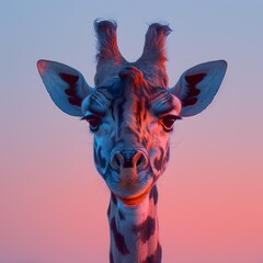 Giraffe s Periscopic Neck Exploring Panoramic Pastel Surveillance Landscape - obrazy, fototapety, plakaty