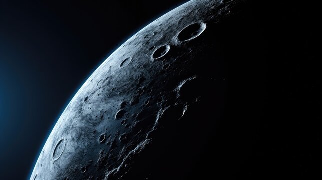 Ai-generated view of Moon. Planet in space with no water and greenery. Concept of the discovery of exoplanets and the search for life.