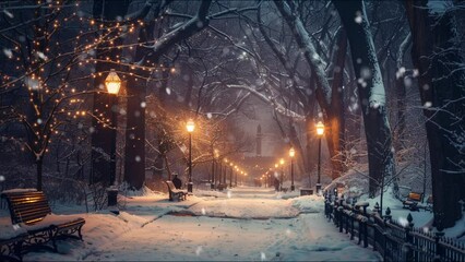 Snowing in Central Park at night, seamless loop