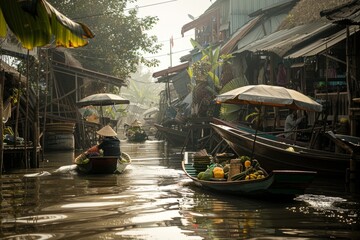 Obraz premium Asian Traditional Floating market, selling fruit , vegetables 