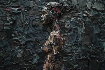 Create an art piece featuring a woman made of textile pieces, standing against a background of a single dark textile. The woman's form is composed of various textile fragments, giving her a unique and