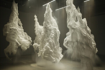 Interstellar dust clouds coalescing into ephemeral sculptures, suspended in the void.