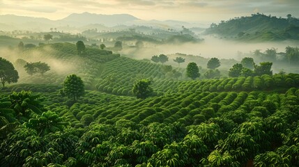 Fototapeta premium Landscape of a coffee farm early in the morning with mist covering the fields.
