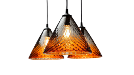 Three lights gently sway from a ceiling fixture, casting a warm glow in the room on transparent background